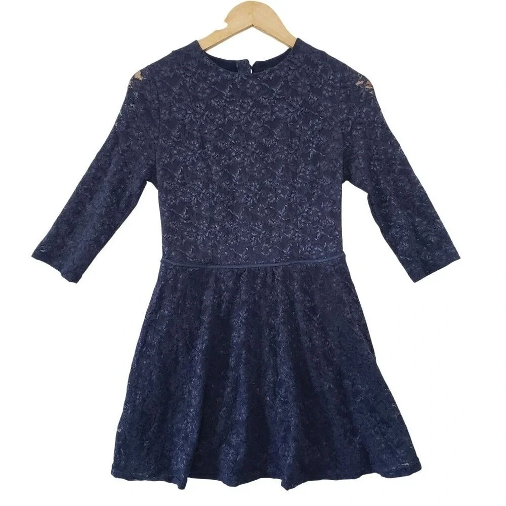 Victorias Secret Lace Dress Womens‎ Small Navy Blue Open Back 3/4 Sleeve Mini